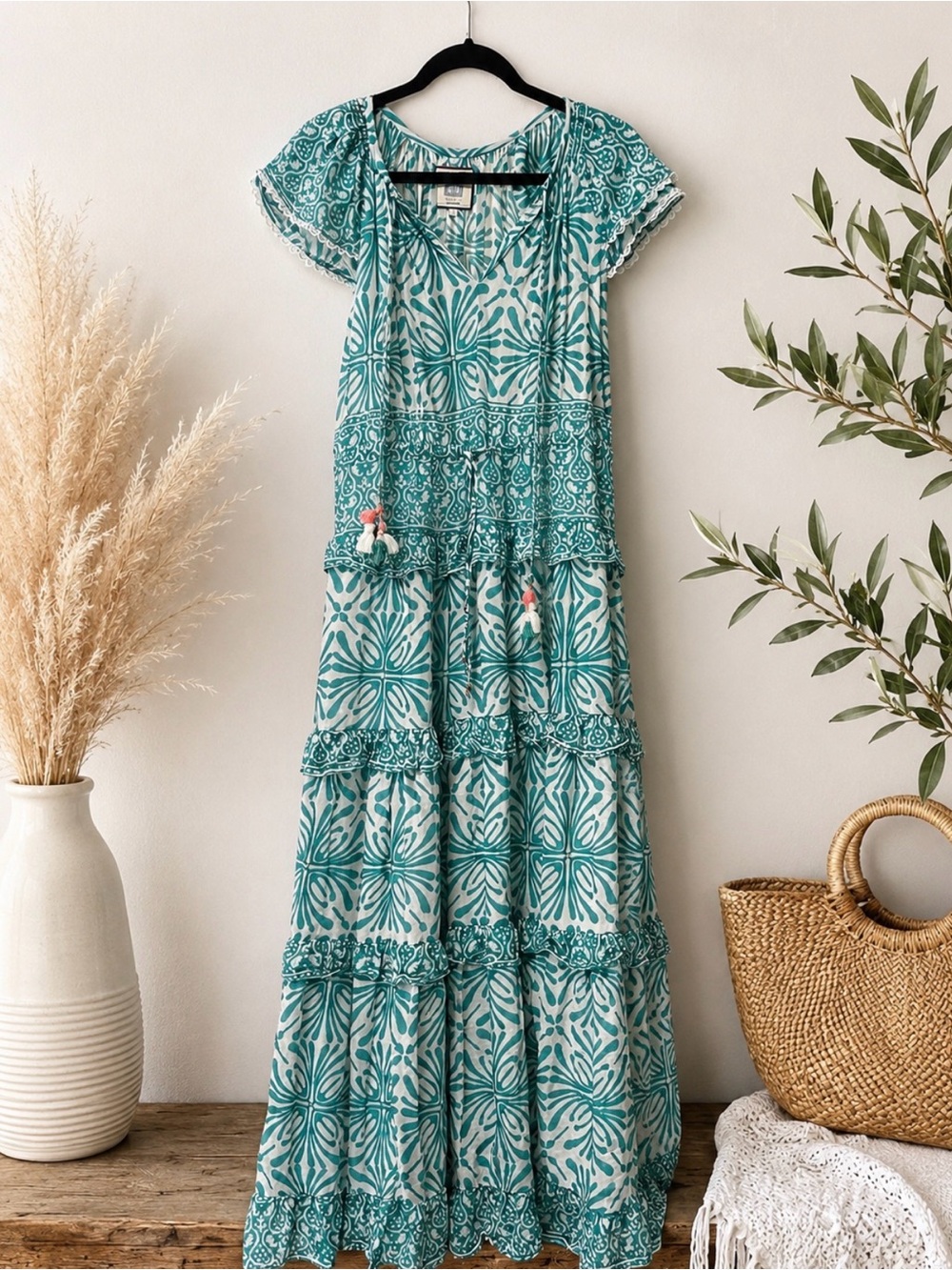 Teal Patterned Flutter-Sleeve Maxi Dress — Lightweight Summer Style